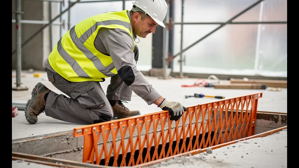 Technicien BTP déployant une barrière extensible orange près d'une trémie sur chantier de construction