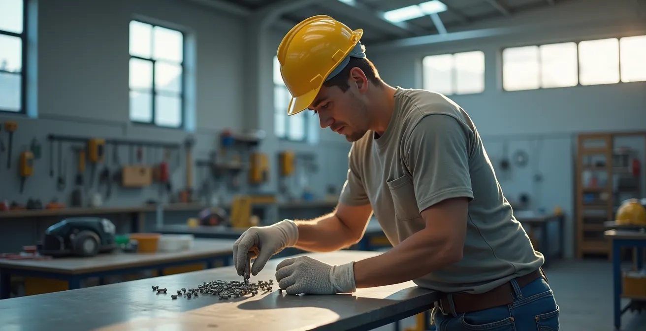 Ouvrier du BTP testant l'ajustement de ses gants de sécurité en effectuant différents gestes techniques