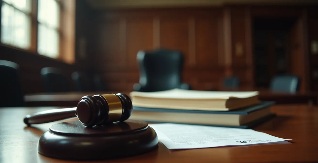 Salle d'audience vide avec marteau de juge, évoquant les conséquences judiciaires d'une faute de l'employeur