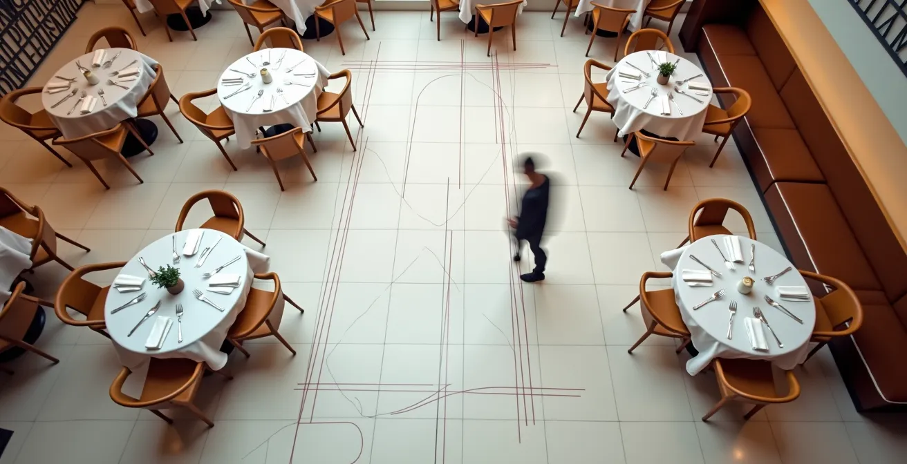 Vue aérienne d'un aménagement de restaurant respectant les unités de passage