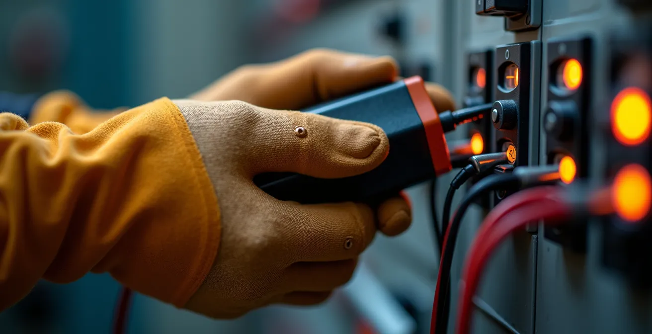 Gros plan sur les mains d'un électricien utilisant un vérificateur d'absence de tension selon le protocole sécurisé