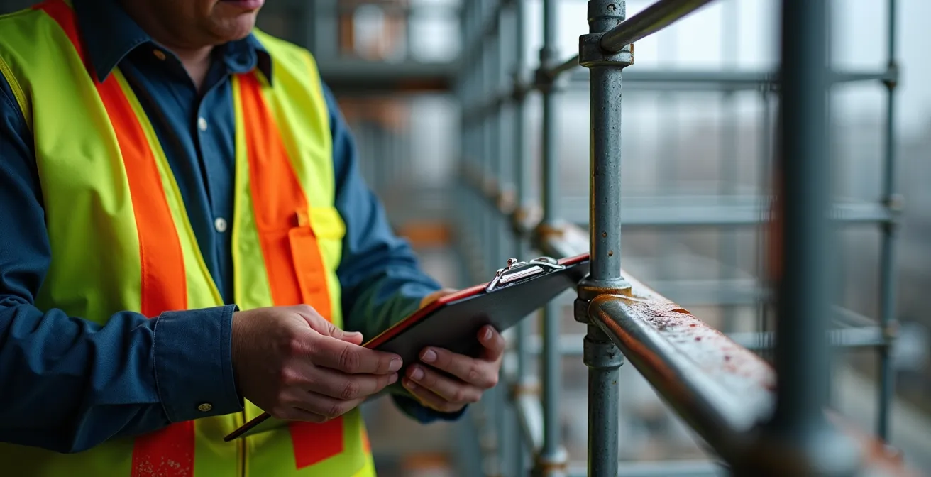 Inspecteur en équipement de sécurité vérifiant la stabilité d'un joint d'échafaudage sur un chantier humide après la pluie.