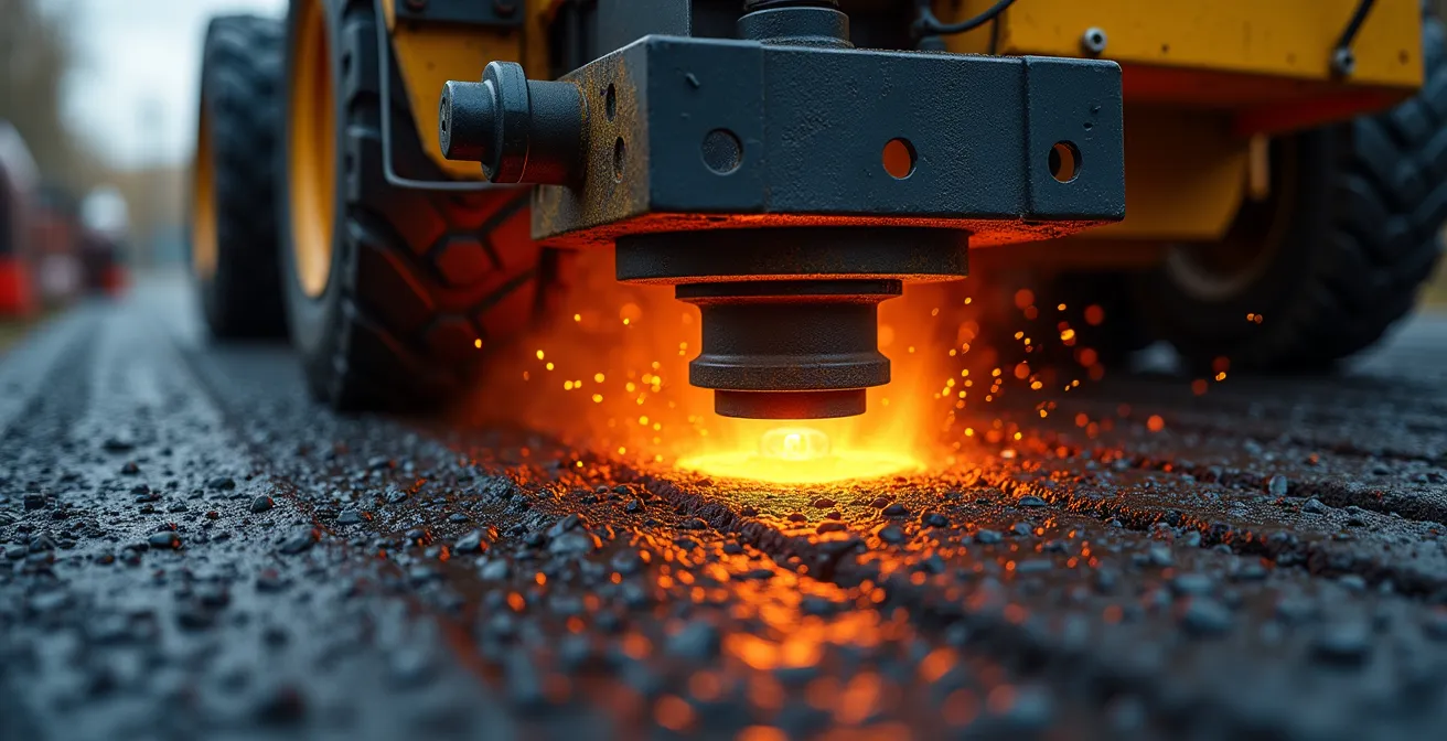 Vérification du système d'aspiration des fumées sur un finisseur d'enrobé avec test fumigène