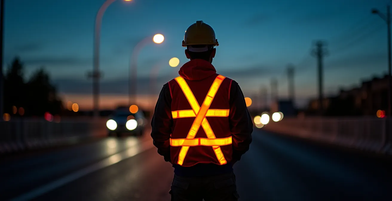Ouvrier portant un vêtement haute visibilité classe 3 avec bandes rétroréfléchissantes sur chantier autoroutier nocturne