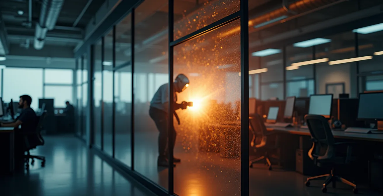 Zone de travaux par points chauds protégée avec écrans ignifugés dans un espace de bureau