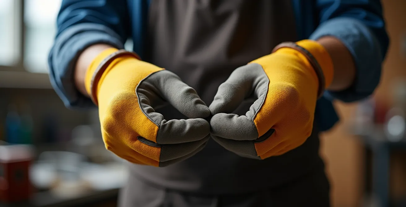 Zones critiques d'usure sur un gant anti-coupure avec détails d'effilochage
