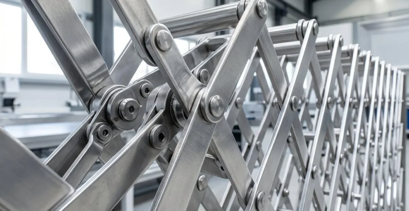 Gros plan macro des articulations métalliques d'un mécanisme de barrière extensible, montrant les joints en accordéon avec une profondeur de champ réduite