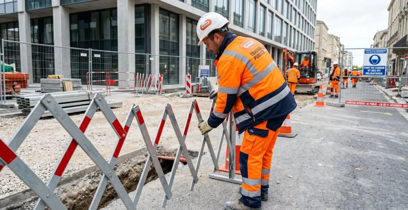 Un ouvrier équipé d'un casque et d'un gilet de sécurité installe une barrière extensible sur un chantier urbain, photographié de profil