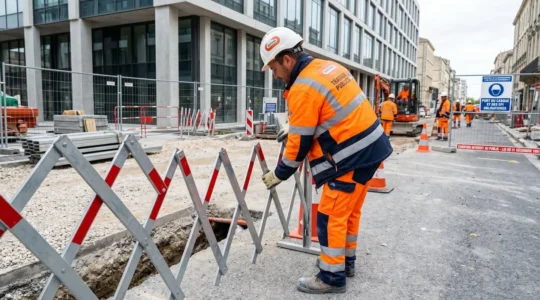 Un ouvrier équipé d'un casque et d'un gilet de sécurité installe une barrière extensible sur un chantier urbain, photographié de profil