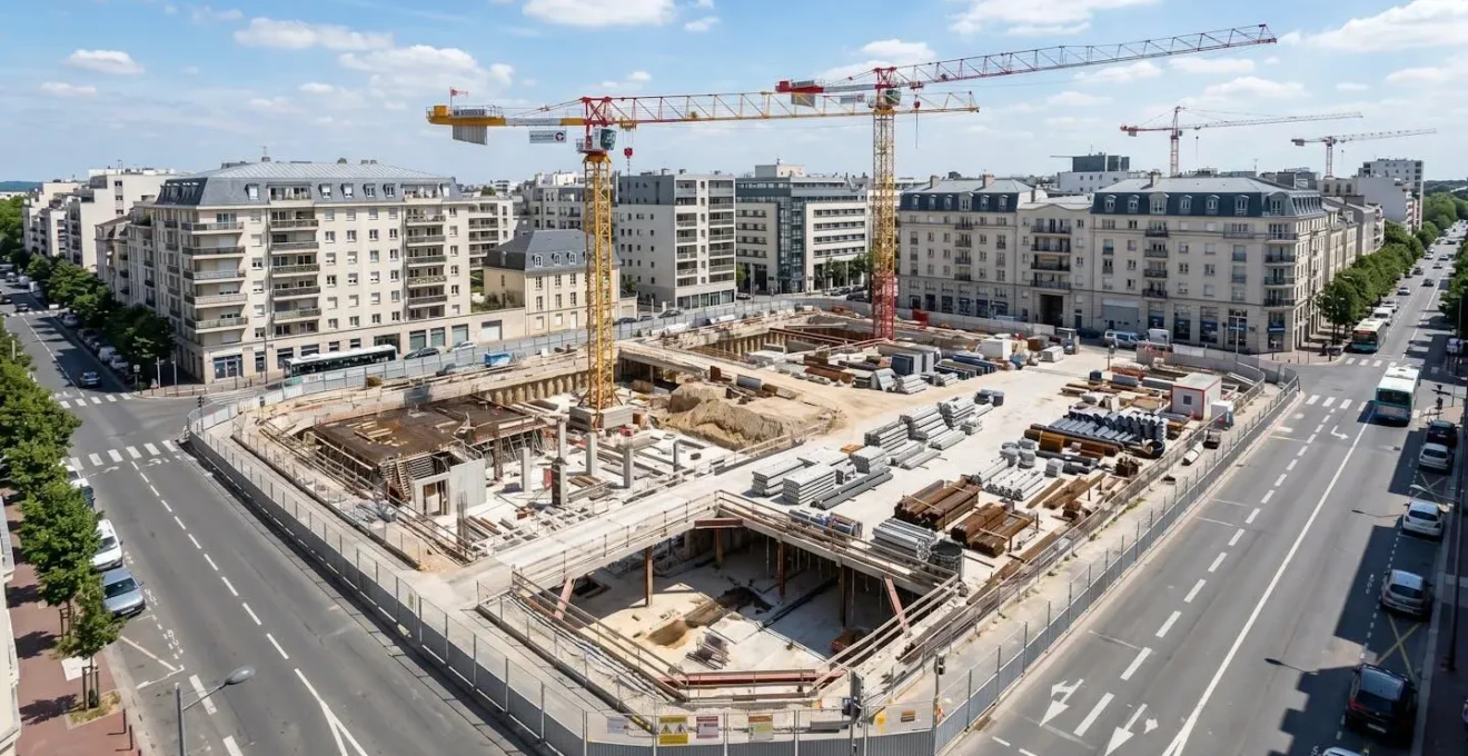 Vue en plongée d'un chantier urbain moderne délimité par des barrières de sécurité métalliques, environnement propre et contemporain sans présence humaine au premier plan