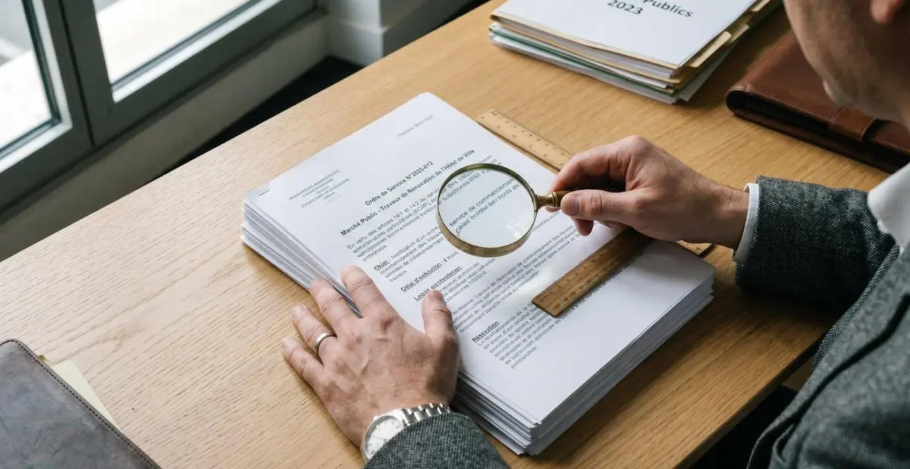 Gros plan sur des mains consultant un document administratif officiel sur un bureau, avec un stylo et des Post-it de couleur, lumière naturelle latérale