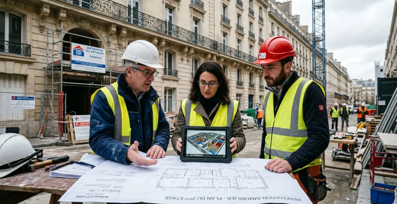 Réunion de chantier en extérieur avec trois professionnels autour d'une table pliante consultant des documents et plans, casques de sécurité posés à côté, bâtiment en travaux en arrière-plan