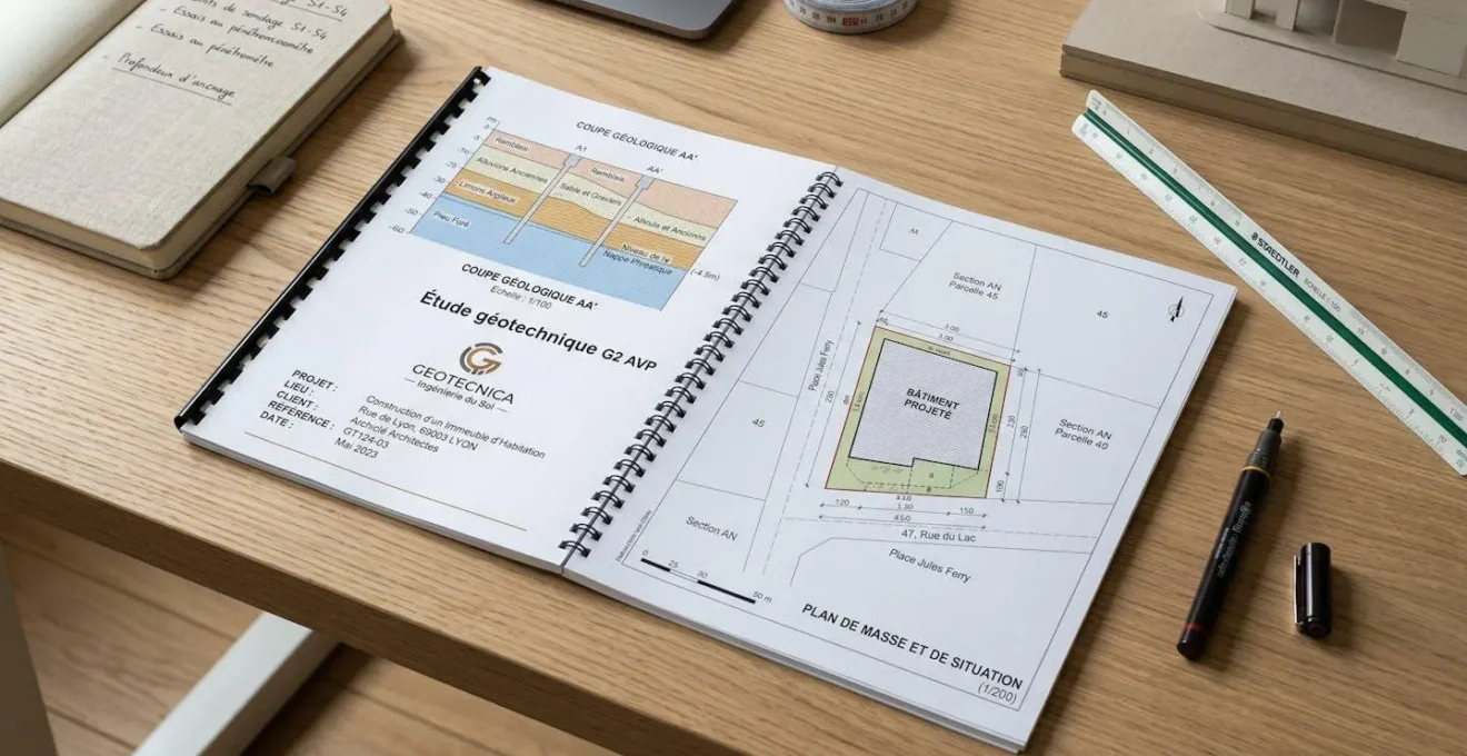 Rapport d'étude géotechnique G2 ouvert montrant une coupe géologique et un plan de fondations, accompagné d'un plan cadastral et d'outils techniques sur un bureau contemporain