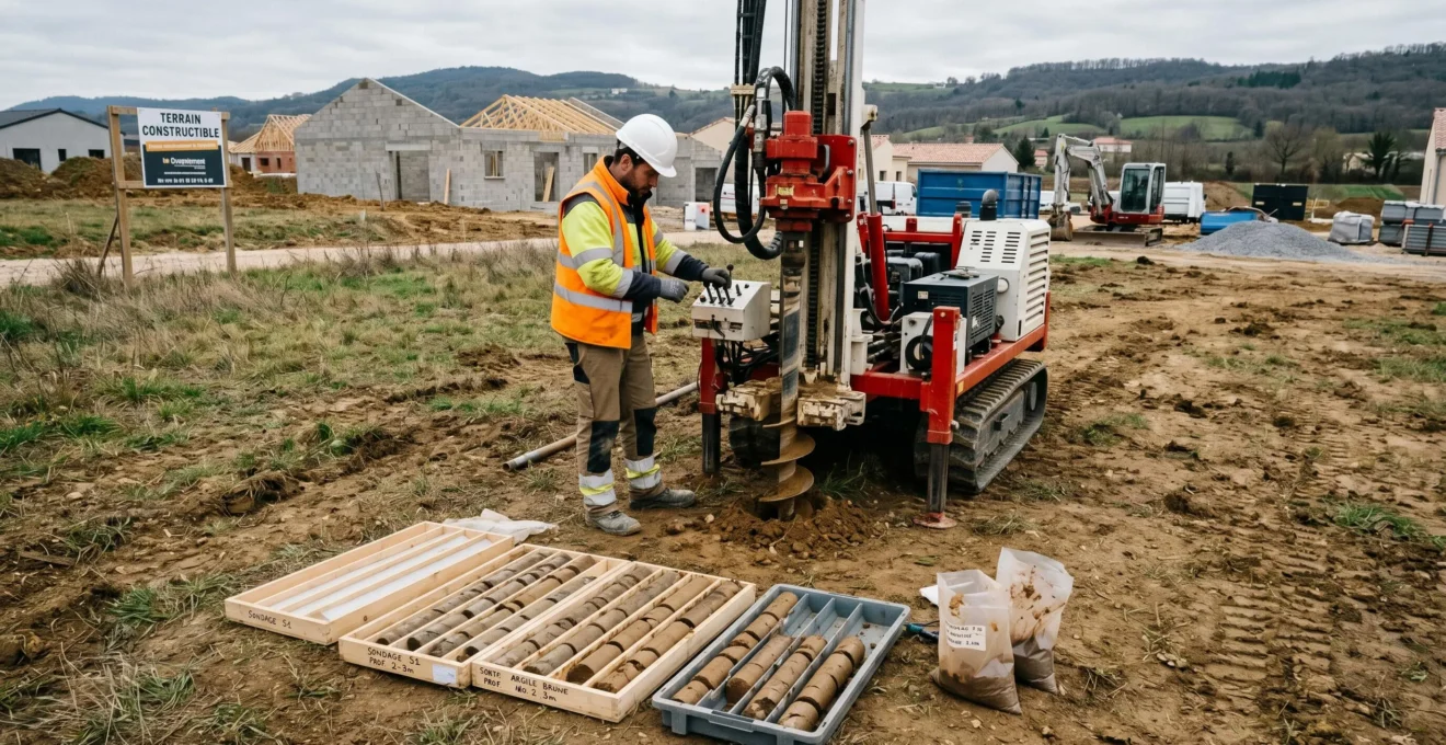 Technicien géotechnicien en gilet haute visibilité supervisant un sondage à la tarière mécanique sur un terrain constructible en France, avec camion d'équipement géotechnique et échantillons de sol visibles au premier plan