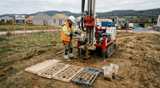 Technicien géotechnicien en gilet haute visibilité supervisant un sondage à la tarière mécanique sur un terrain constructible en France, avec camion d'équipement géotechnique et échantillons de sol visibles au premier plan