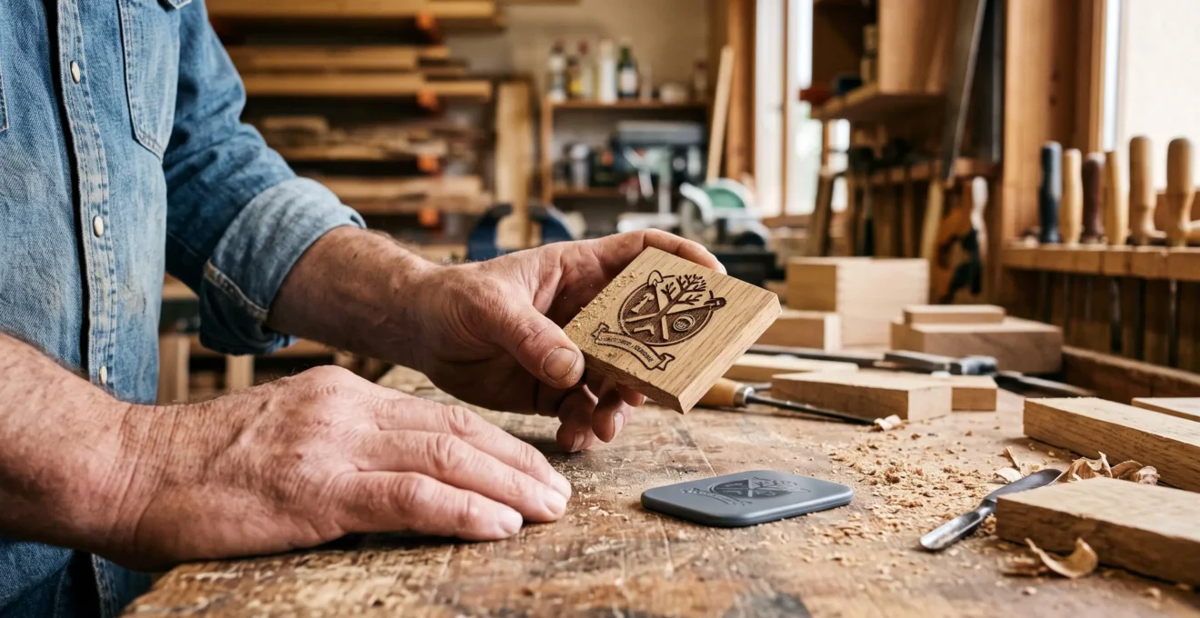Un artisan examine la gravure d'un badge prototype en bois sur son établi d'atelier de menuiserie.