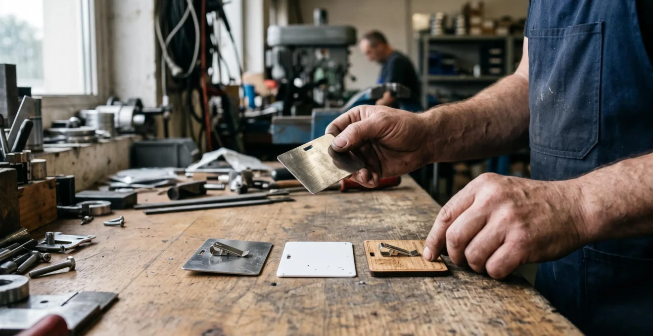 Trois badges de matériaux différents — métal, plastique et bois — sont comparés sur un établi d'atelier pendant une inspection manuelle.