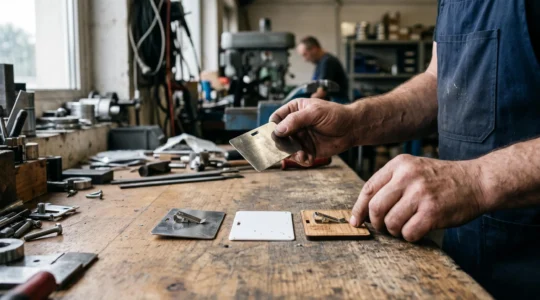 Trois badges de matériaux différents — métal, plastique et bois — sont comparés sur un établi d'atelier pendant une inspection manuelle.
