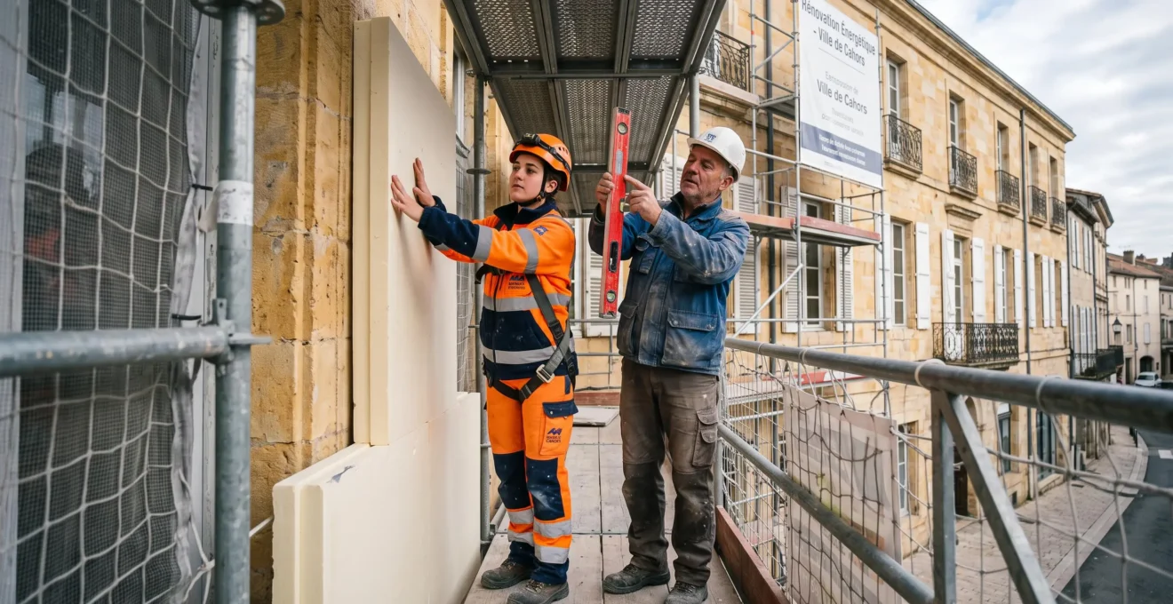 Un agent communal applique des panneaux d'isolation extérieure sur la façade d'un bâtiment public sous la supervision d'un chef d'équipe sur un échafaudage.