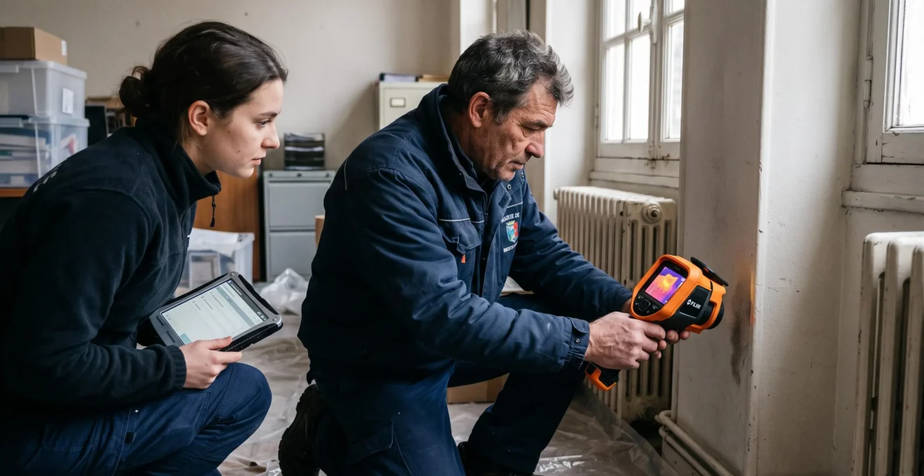 Deux agents municipaux réalisent un diagnostic thermique d'une paroi intérieure avec une caméra thermique dans un bureau occupé.