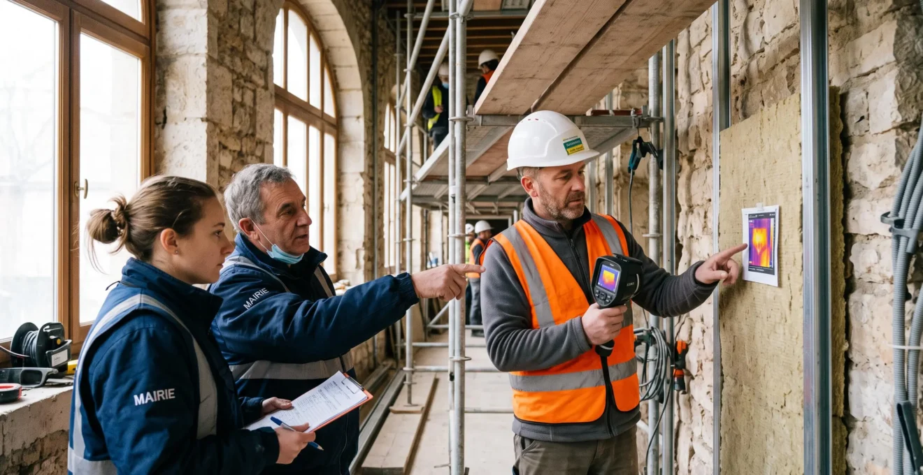 Un coordonnateur de chantier et deux agents d'une collectivité examinent l'isolation thermique en cours d'installation dans un bâtiment public en rénovation.