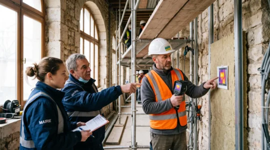 Un coordonnateur de chantier et deux agents d'une collectivité examinent l'isolation thermique en cours d'installation dans un bâtiment public en rénovation.