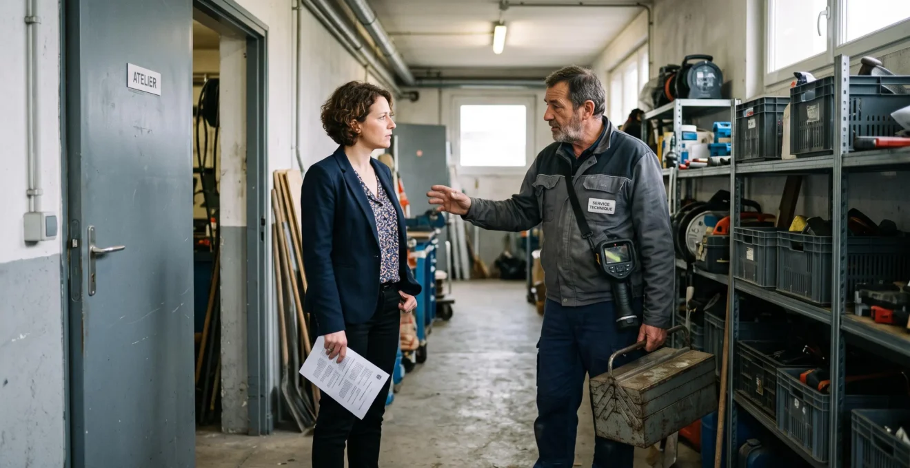 Une responsable RH discute avec un technicien de maintenance portant une caméra thermique dans un couloir de services techniques municipaux.